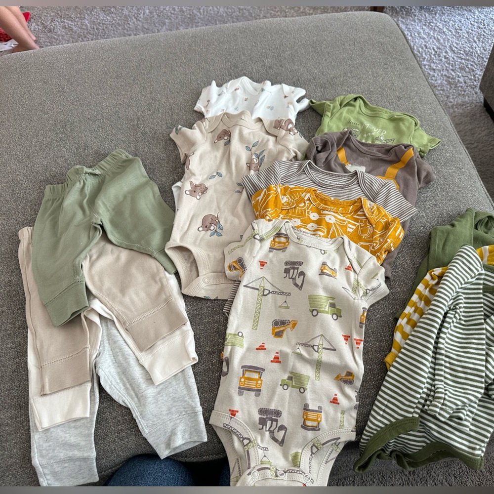 Carters short sleeve and long sleeve body suits with pants. 3 months
